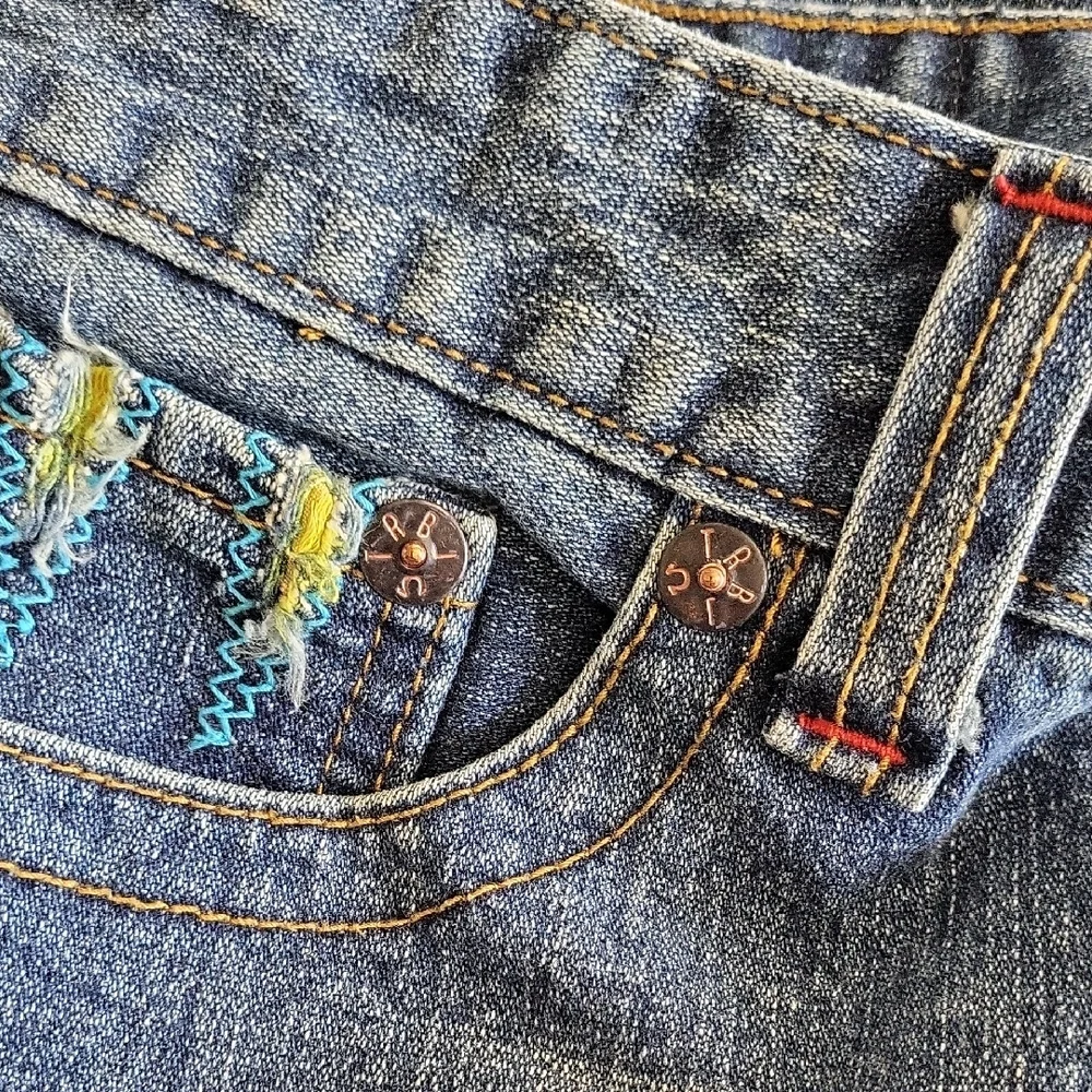 True Religion Denim Jeans With Yellow Accent Pocket. Row 29 Seat 34